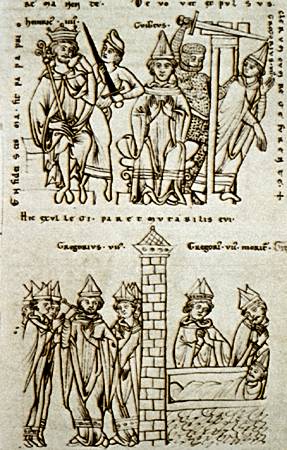 XII-wieczna miniatura przedstawiająca konflikt pomiędzy Henrykiem IV, a Grzegorzem VII 