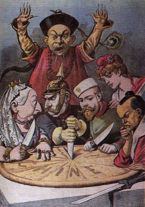Caricatura de la época ilustrando la penetración europea en China, tras la Guerra del Opio